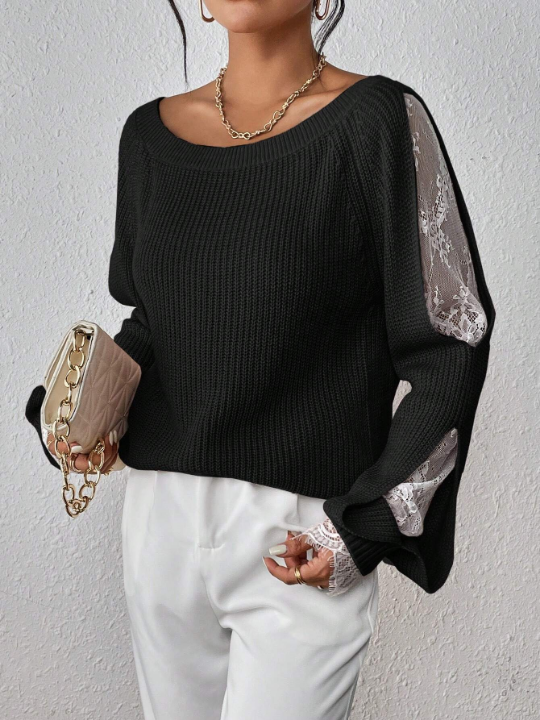 Priv Contrast Lace Raglan Sleeve Sweater