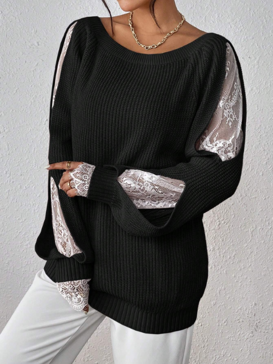 Priv Contrast Lace Raglan Sleeve Sweater