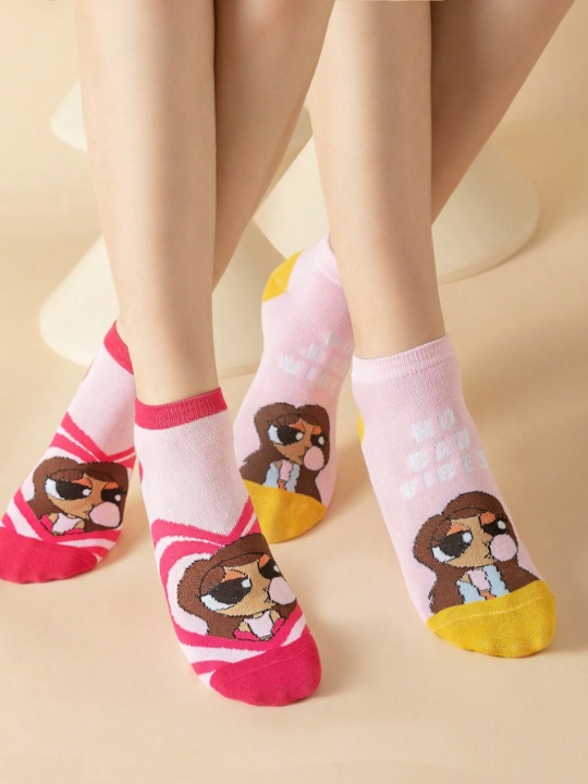 Tay Mills Artist Collection - 5 Pairs Fashionable Cute Cartoon Character Pattern Ankle Socks