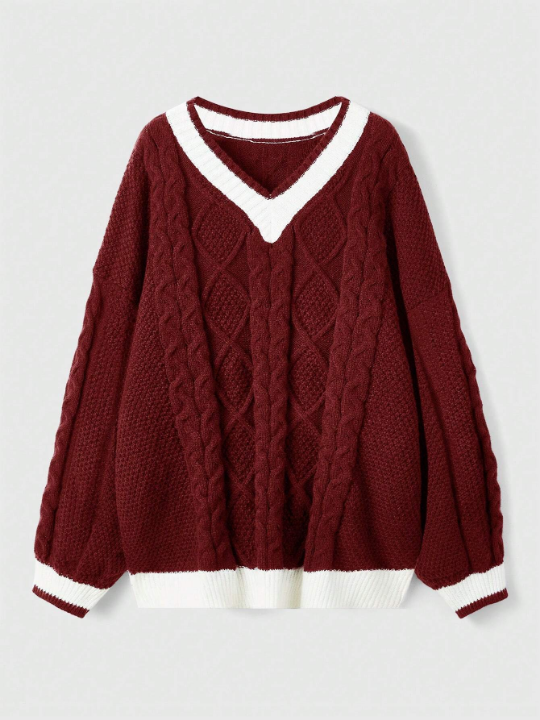 ROMWE Kawaii Contrast Trim Cable Knit Sweater