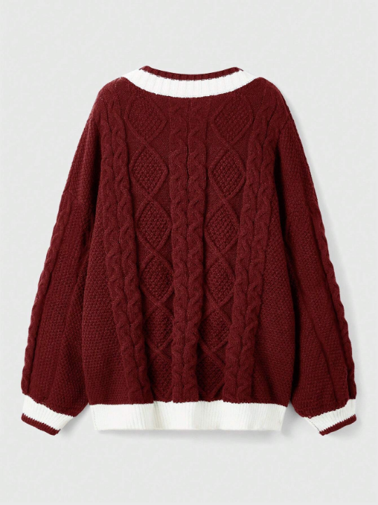 ROMWE Kawaii Contrast Trim Cable Knit Sweater