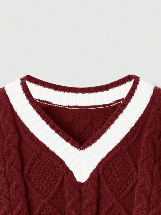 ROMWE Kawaii Contrast Trim Cable Knit Sweater