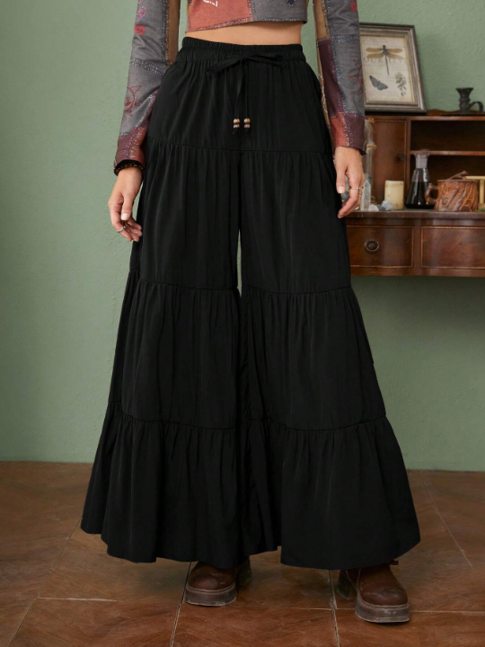 ROMWE Hippie Solid Ruffle Hem Wide Leg Pants