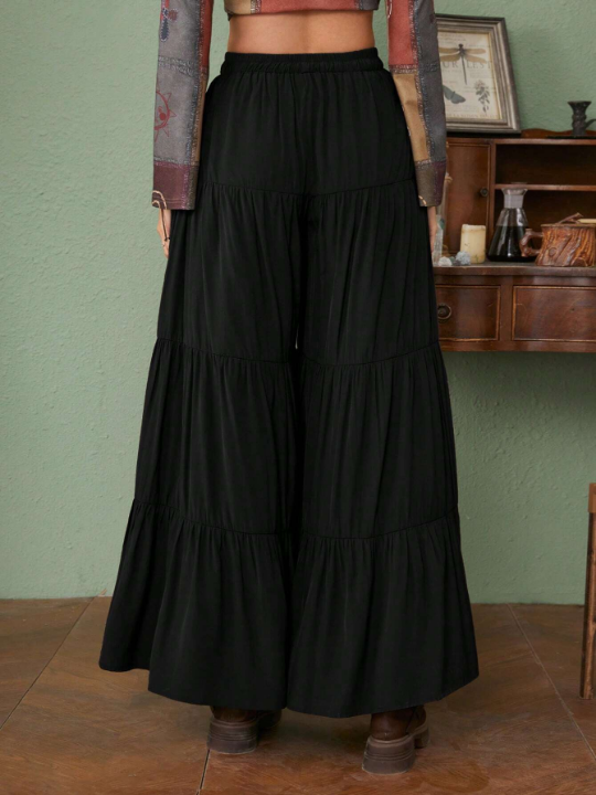 ROMWE Hippie Solid Ruffle Hem Wide Leg Pants