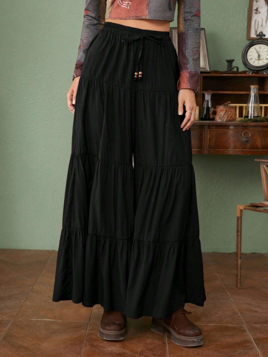 ROMWE Hippie Solid Ruffle Hem Wide Leg Pants