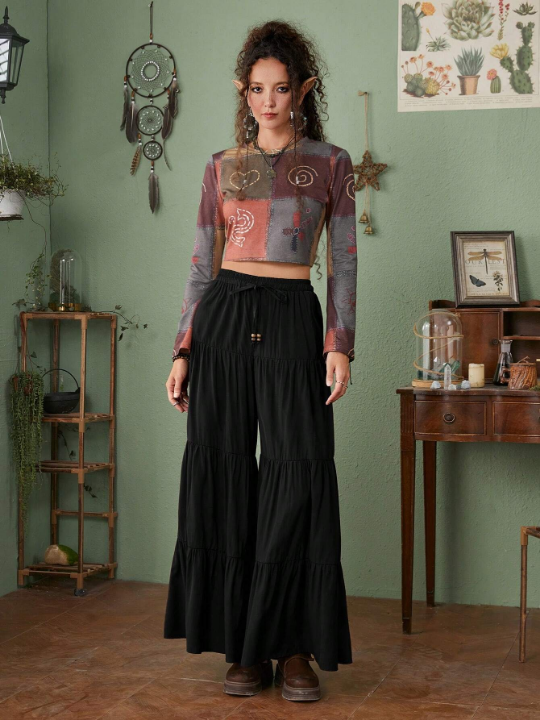 ROMWE Hippie Solid Ruffle Hem Wide Leg Pants