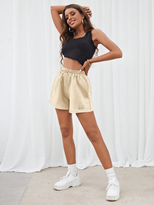 EZwear Letter Patched Drawstring Waist Track Shorts