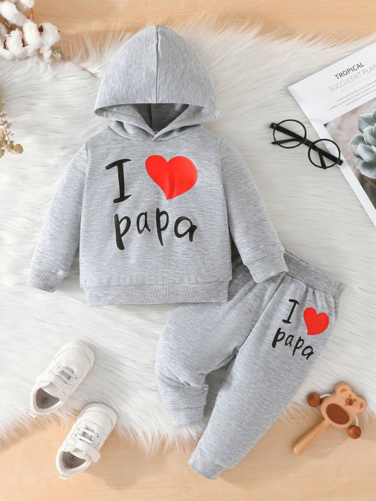 Baby Girl Heart & Slogan Graphic Hoodie & Sweatpants