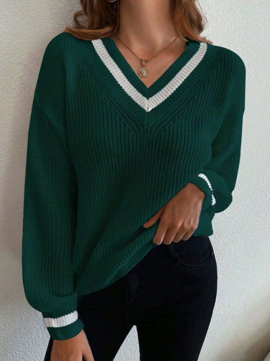 Unity Striped Trim Drop Shoulder Cricket Sweater