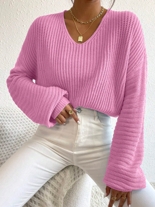 Essnce V Neck Drop Shoulder Ribbed Knit Sweater