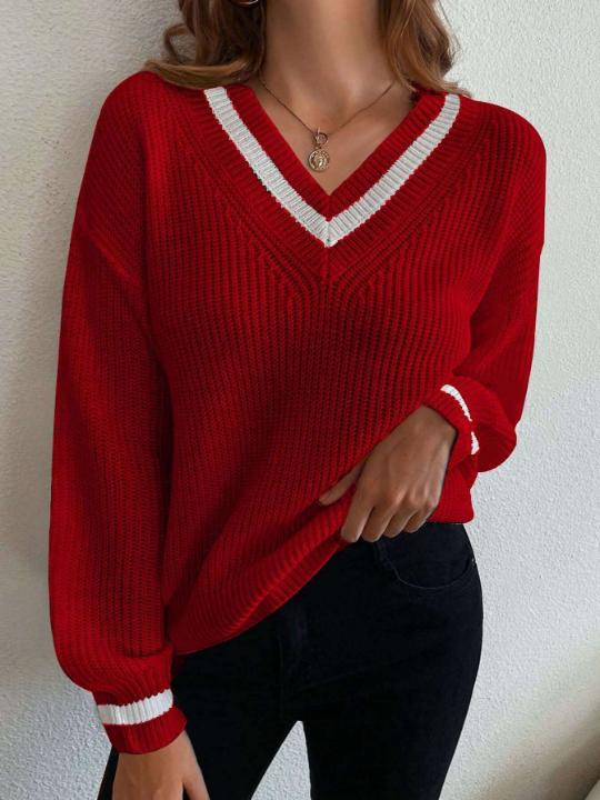 Frenchy Striped Trim Drop Shoulder Cricket Sweater