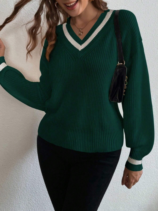 Unity Striped Trim Drop Shoulder Cricket Sweater