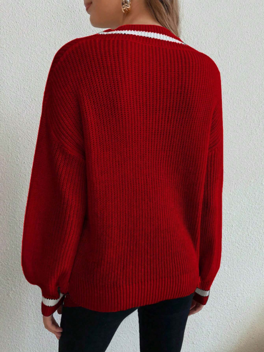 Frenchy Striped Trim Drop Shoulder Cricket Sweater