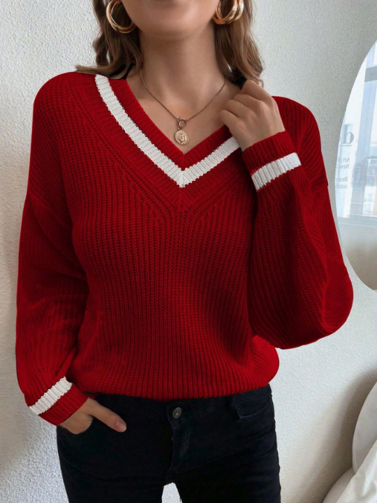 Frenchy Striped Trim Drop Shoulder Cricket Sweater