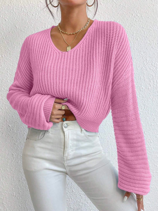 Essnce V Neck Drop Shoulder Ribbed Knit Sweater