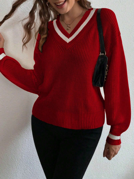 Frenchy Striped Trim Drop Shoulder Cricket Sweater