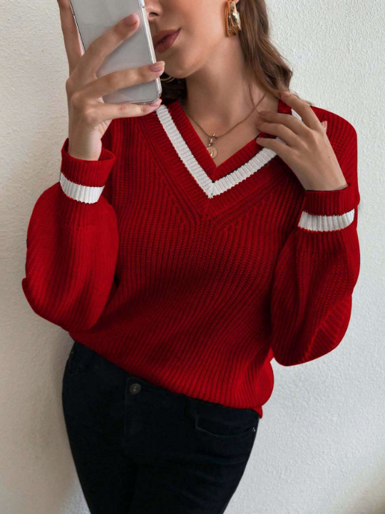 Frenchy Striped Trim Drop Shoulder Cricket Sweater