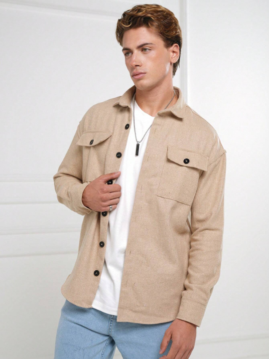 Cottnline Men Flap Pocket Button Front Jacket