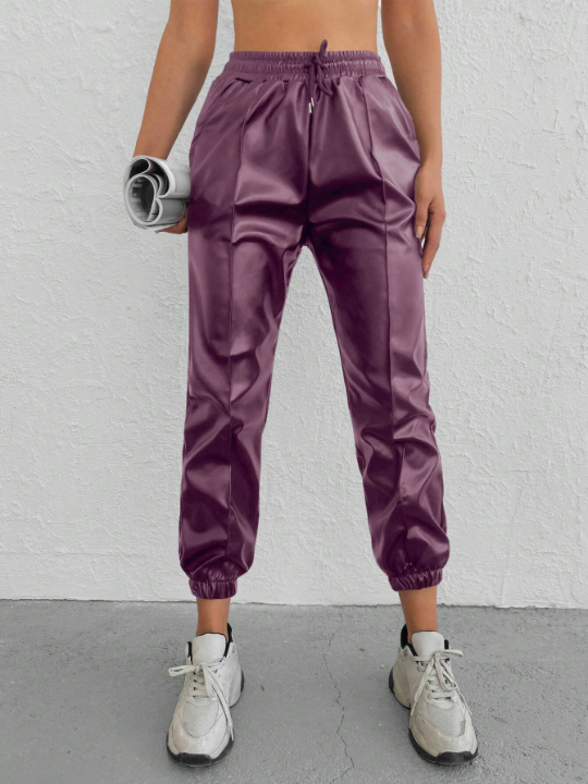 Solid Drawstring Waist Slant Pocket Pants