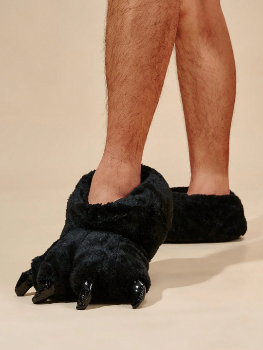 Men's Fun Plush Claw Flat Heel Slippers With Warmth & Comfort, Black