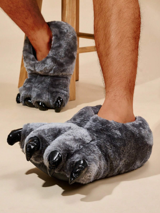 Men's Novelty Plush Warm Paw Flat Heel Slippers, Black Cozy Shoes