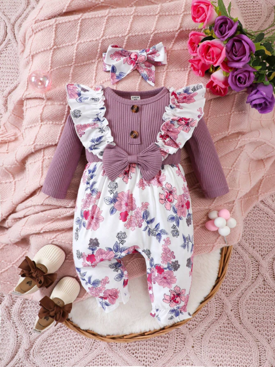 Baby Girl Floral Print Ruffle Trim Bow Front Jumpsuit & Headband