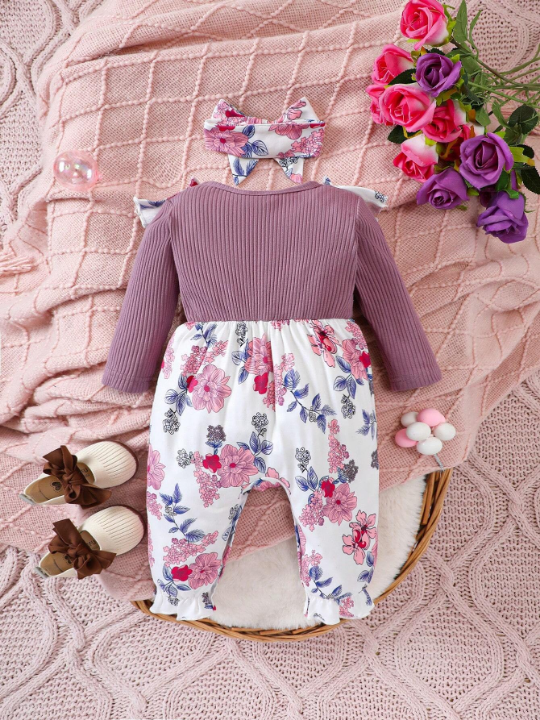 Baby Girl Floral Print Ruffle Trim Bow Front Jumpsuit & Headband