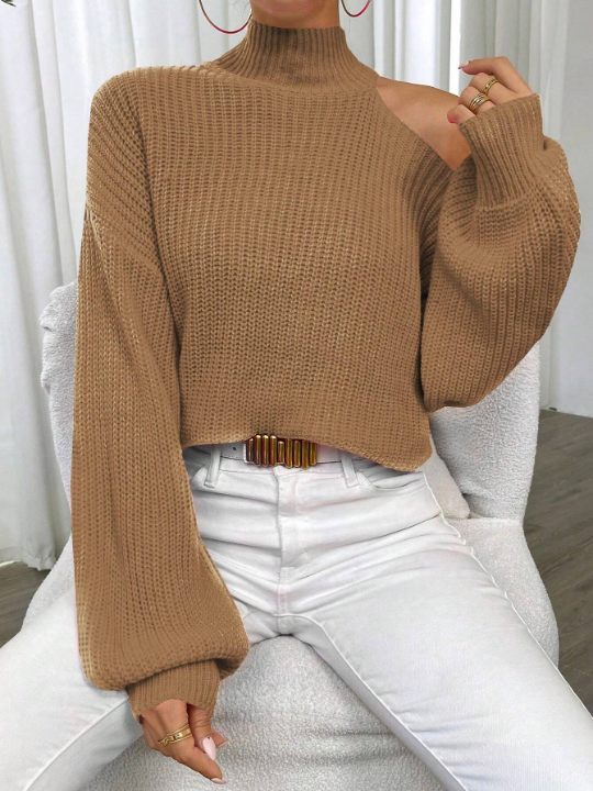 Essnce High Neck Cut Out Shoulder Drop Shoulder Sweater