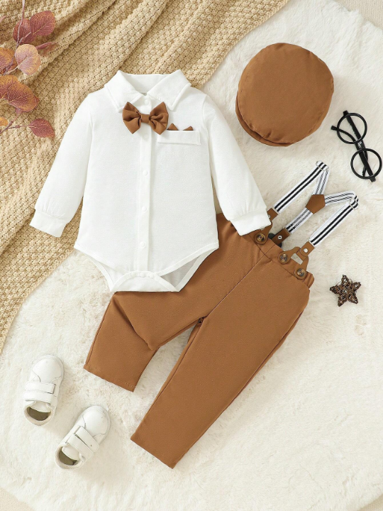 Baby Boy Bow Front Bodysuit & Suspender Pants & Hat