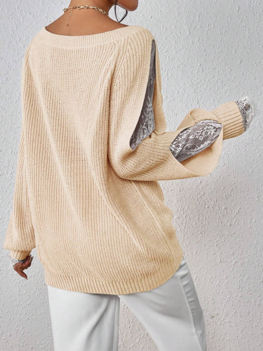 Priv Contrast Lace Raglan Sleeve Ribbed Knit Sweater