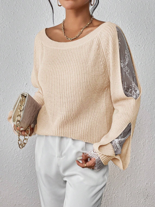 Priv Contrast Lace Raglan Sleeve Ribbed Knit Sweater