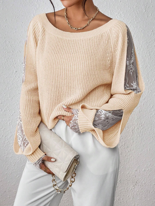 Priv Contrast Lace Raglan Sleeve Ribbed Knit Sweater