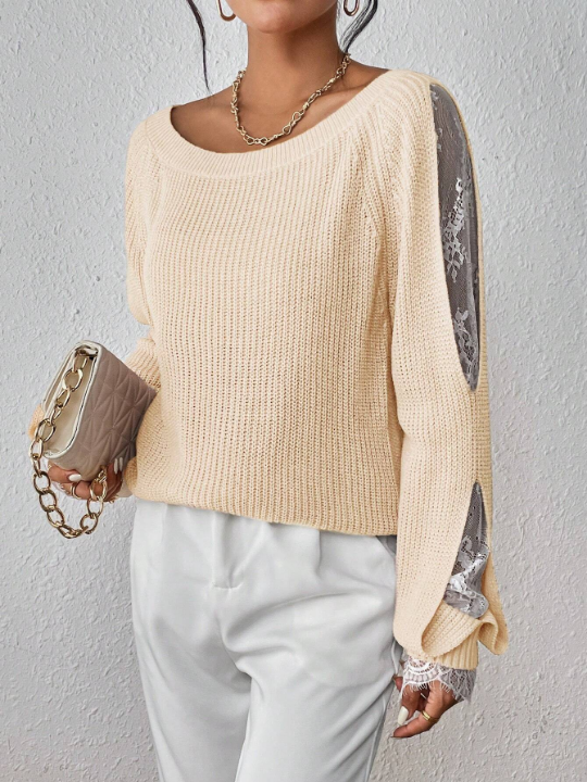 Priv Contrast Lace Raglan Sleeve Ribbed Knit Sweater