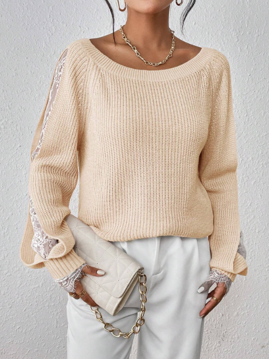 Priv Contrast Lace Raglan Sleeve Ribbed Knit Sweater