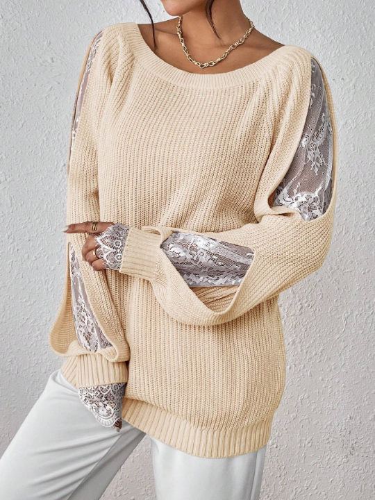 Priv Contrast Lace Raglan Sleeve Ribbed Knit Sweater