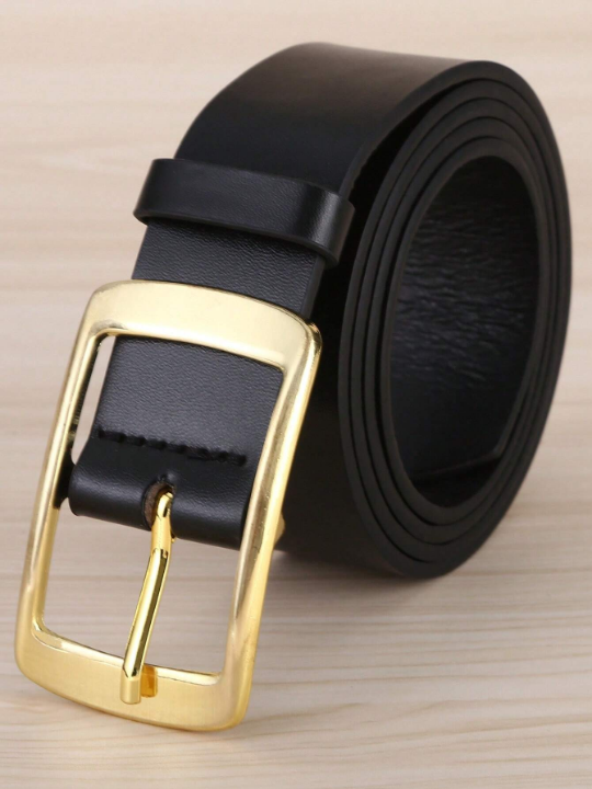 1pc Men's Gold-tone Imitation Drawbench Texture Rectangular Buckle Pu Leather Belt, Suitable For Daily Use, Plus Size