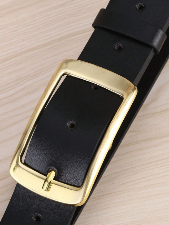 1pc Men's Gold-tone Imitation Drawbench Texture Rectangular Buckle Pu Leather Belt, Suitable For Daily Use, Plus Size