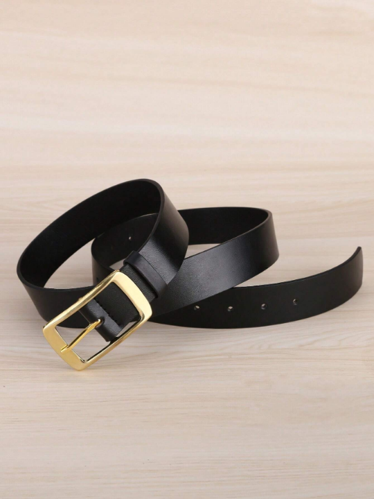 1pc Men's Gold-tone Imitation Drawbench Texture Rectangular Buckle Pu Leather Belt, Suitable For Daily Use, Plus Size