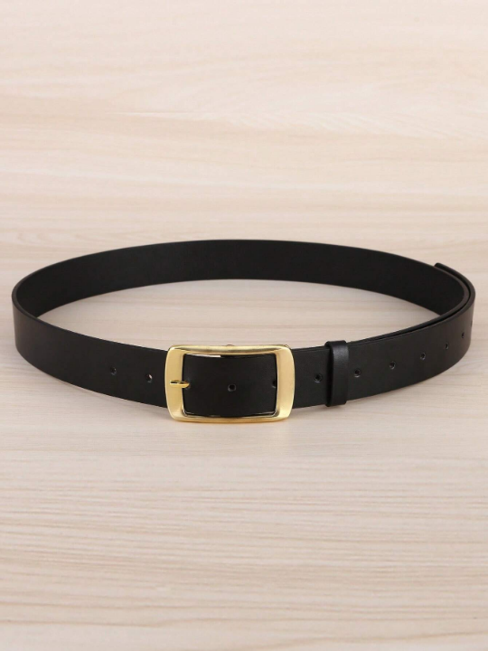 1pc Men's Gold-tone Imitation Drawbench Texture Rectangular Buckle Pu Leather Belt, Suitable For Daily Use, Plus Size