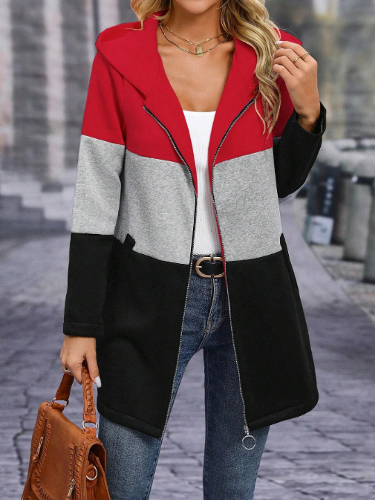 LUNE Color Block Zip Up Hooded Coat