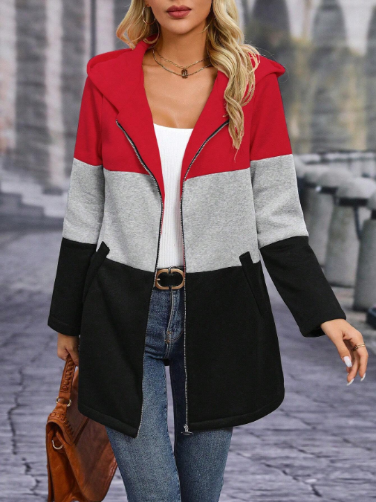 LUNE Color Block Zip Up Hooded Coat