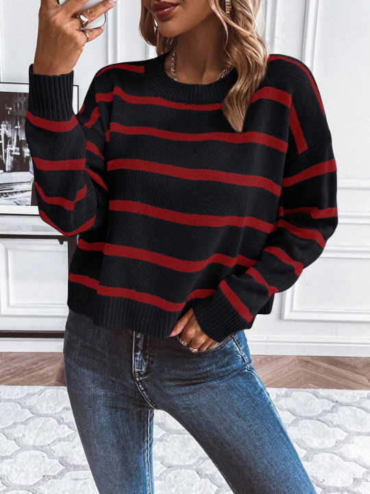 Essnce Striped Pattern Drop Shoulder Sweater