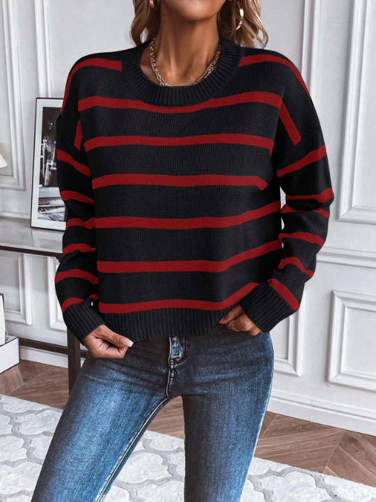 Essnce Striped Pattern Drop Shoulder Sweater