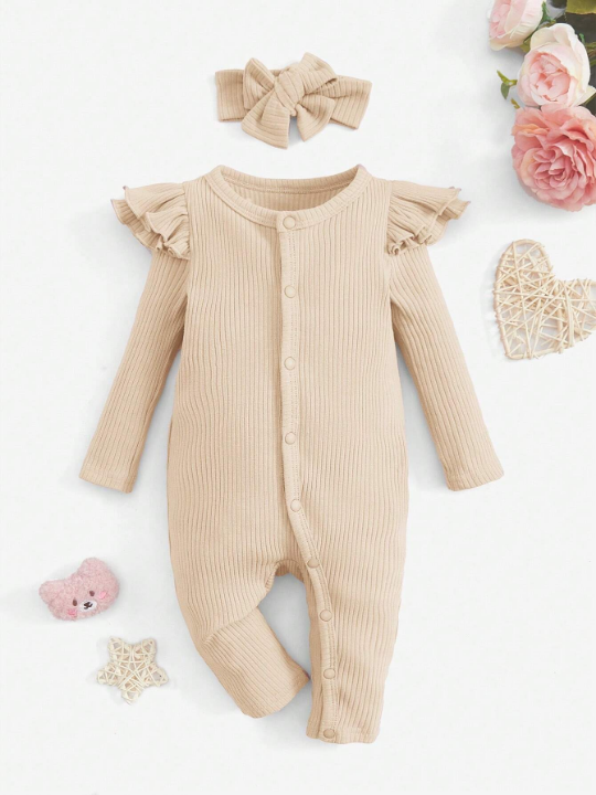 Baby Girl Ruffle Trim Button Front Ribbed Knit Jumpsuit