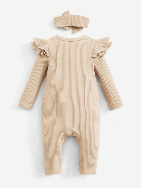 Baby Girl Ruffle Trim Button Front Ribbed Knit Jumpsuit