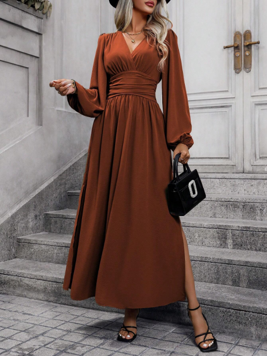 Lantern Sleeve Ruched Split Thigh Dress