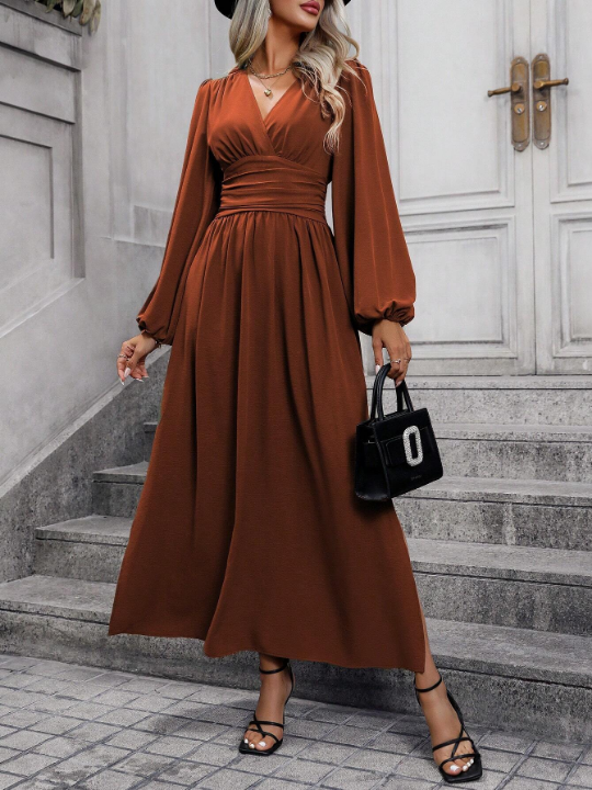 Lantern Sleeve Ruched Split Thigh Dress