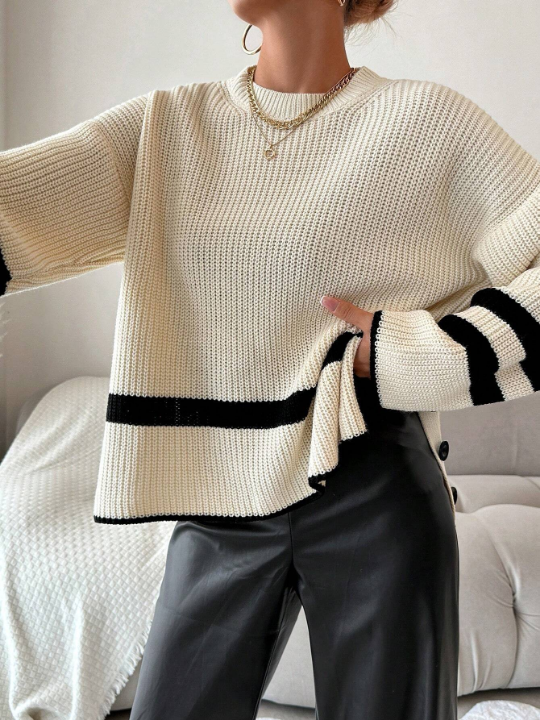 Striped Pattern Drop Shoulder Sweater