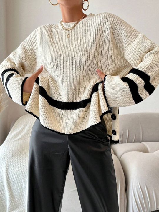 Striped Pattern Drop Shoulder Sweater