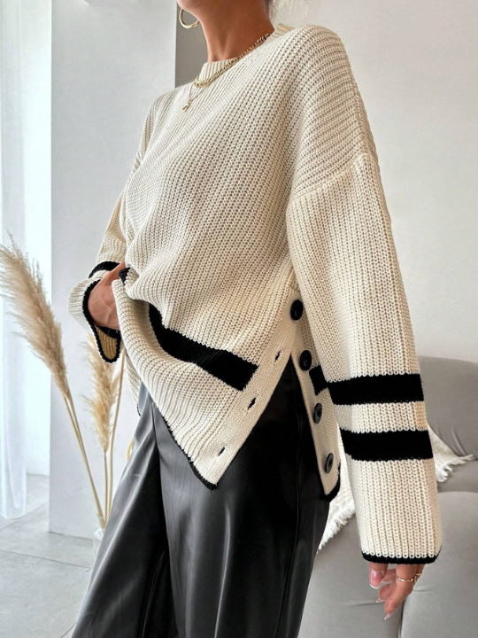 Striped Pattern Drop Shoulder Sweater